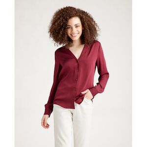 Quince Washable Stretch Silk Notch Collar Blouse Burgundy Sleeved Top S